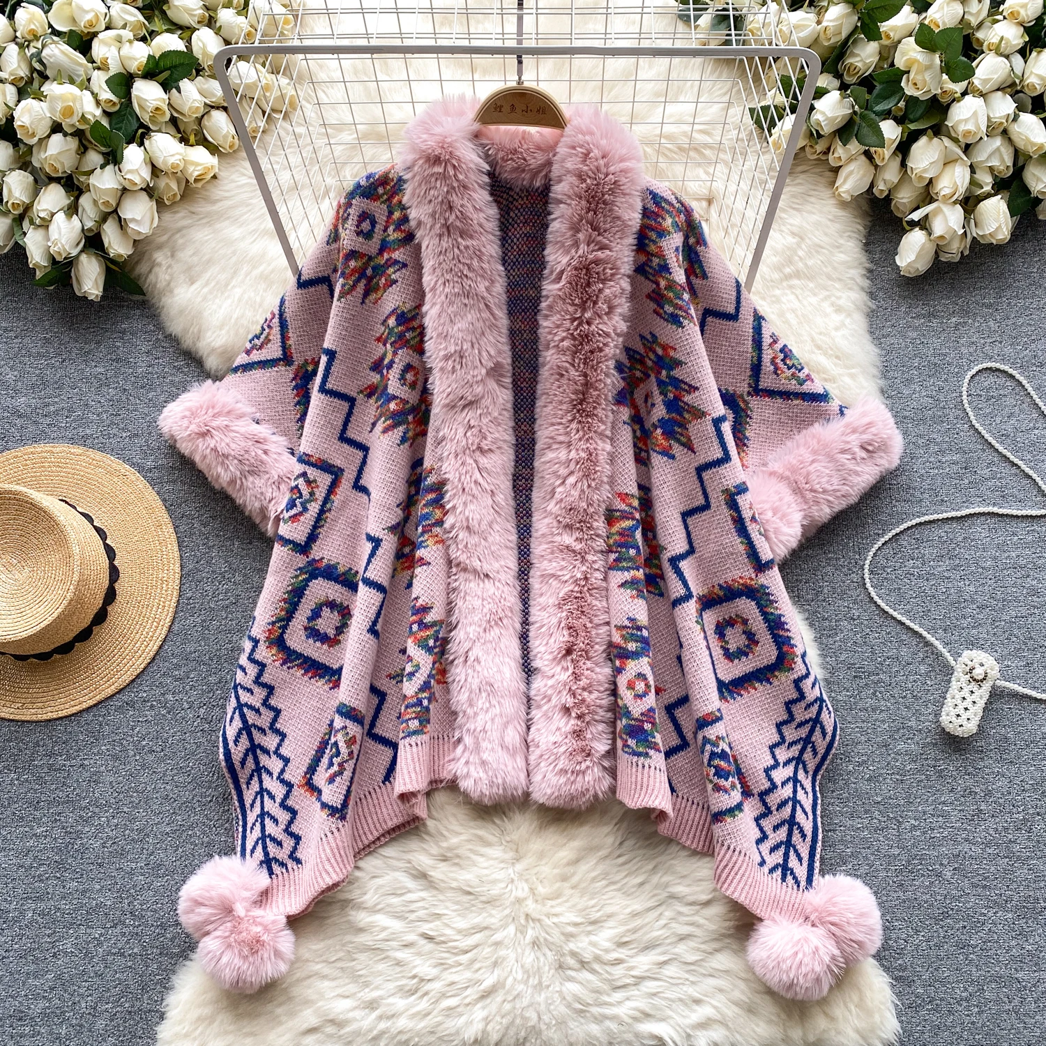 

Winter Women Warm Cloak Coat Striped Faux Fur Hooded Shawl Plush Warm Oversized Female Capes & Ponchos Hoodies Outwear