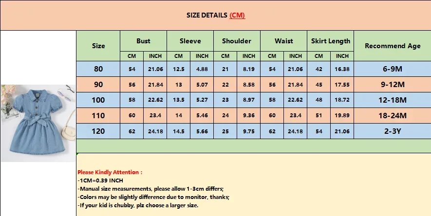 Toddler girl dress Summer Toddler Baby Girl Fashion dress Bubble sleeve Lapel Jeans Casual dresses Birthday party costumes for Kid girls 1-3 Years