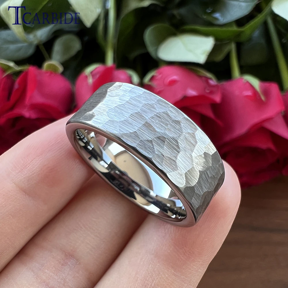 6MM 8MM Men Women Hammer Ring Tungsten Wedding Band Multi-Faceted Brushed Finish Fashion Gift Jewelry