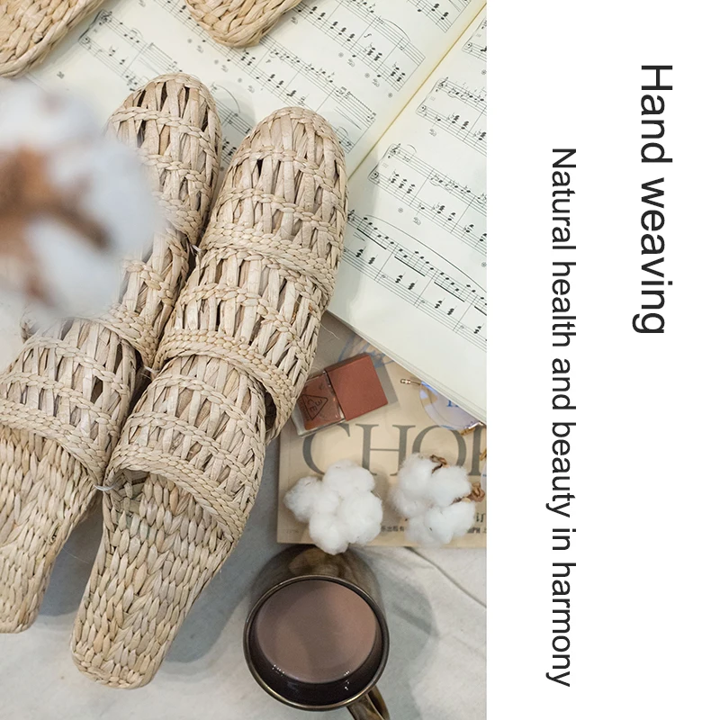 

2023 Ladies Creative Hand-Woven Straw Shoes Nostalgic Classic Couple Home Mute Wooden Floor Non-Slip Bottom Slippers