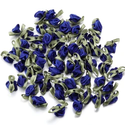 Colorful Handmade Ribbon Rose Rosettes with Leaf - Fabric Flower Accessories for Crafts and Sewing (50 Pieces) (Sapphire)