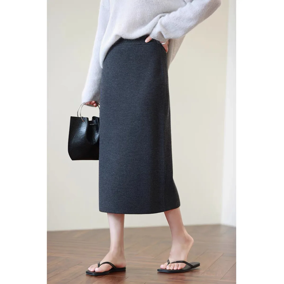 Golden ratio silk and cashmere half skirt, high waist, slimming effect, split straight leg skirt for women