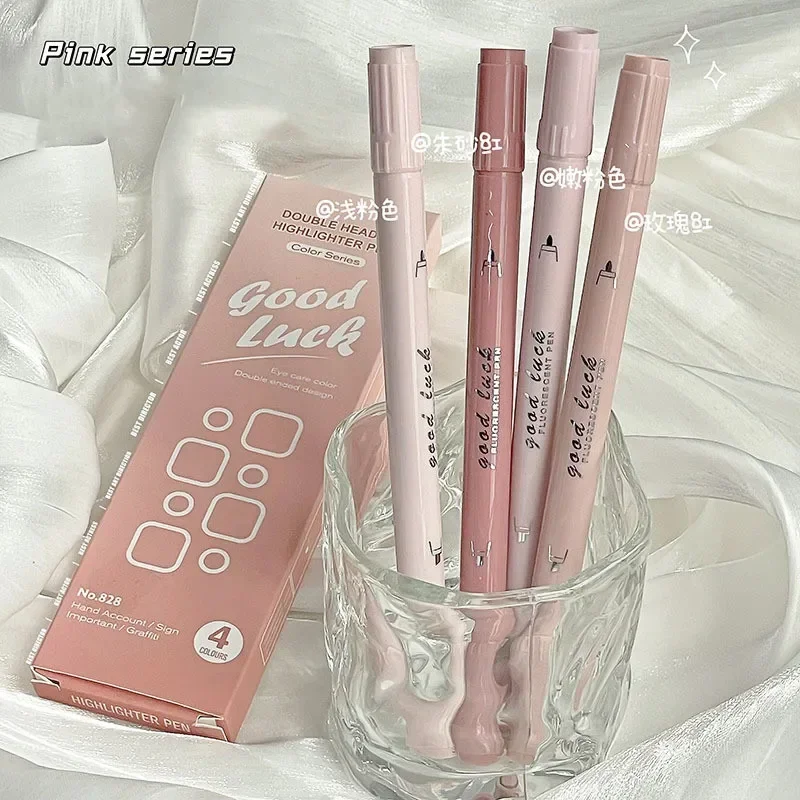 4개/세트 형광펜 귀여운 더블 헤드 캔디 컬러 마커 빠른 건조 형광펜 파스텔 학교 문구 용품