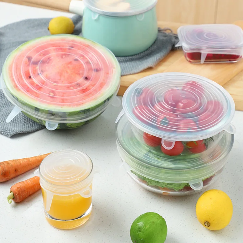 6-pieces set Food Grade Silicone Fresh-keeping Lids Food Sealing Cover Reusable Heat-resistant Lid Kitchen Accessories
