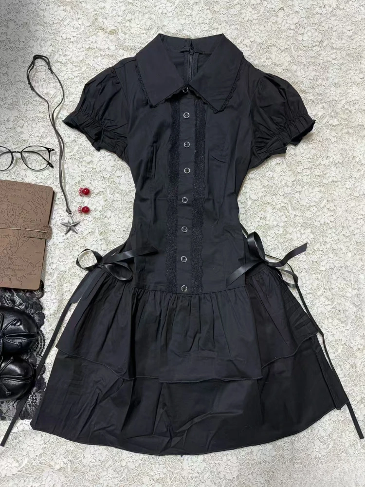 Vintage Black High Street Patchwork Gothic Dress with Bow and Lapel Details