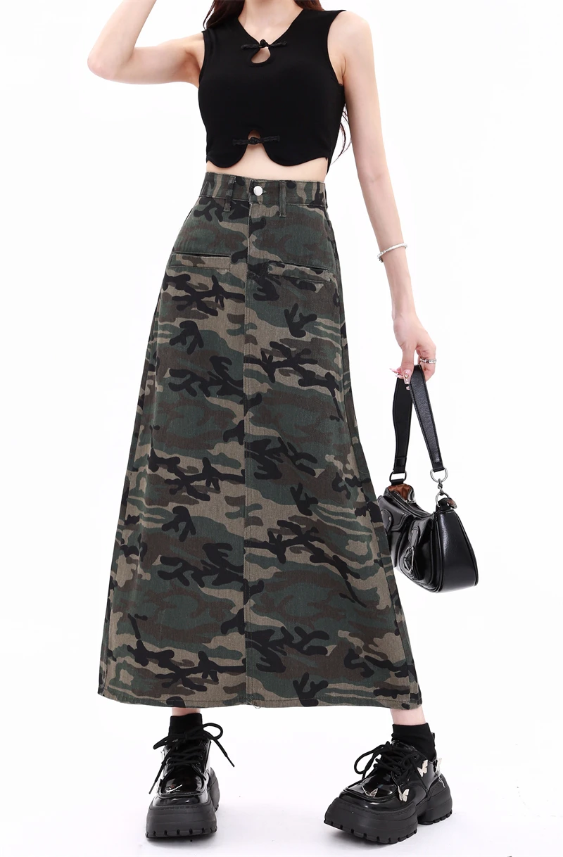 

Women's American Retro Camo Split Skirt Summer New Street Style Cool Girl Loose A-line Retro Mid-calf Cargo Army Green Skirt