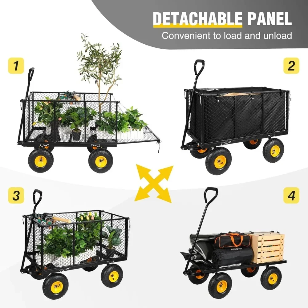 Garden Carts 800 Lbs Capacity Utility Mesh Iron Garden Wagons With Removable Sides Cargo Trolleys Multi-purpose Cart With Wheels