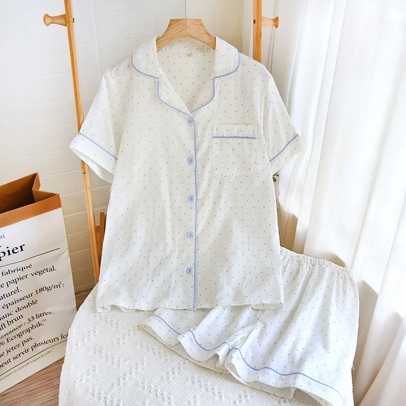 

Women Gauze New Summer Double Layer Combed Cotton Thin and Fresh Small Dots Loose and Breathable Sleepwear Womens Home Clothing