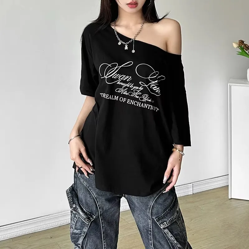 Letter Print Graphic T Shirts White Oversized One Shoulder Tops