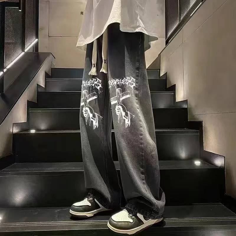 ICCLEK Gradient Cross Jeans Men's Fashion Retro Pants