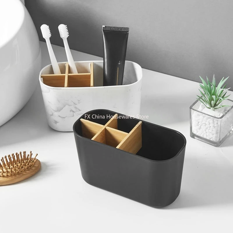 Eco-Friendly Bamboo Toothbrush Holder - 5 Slot Bathroom Organizer with Toothpaste Compartment