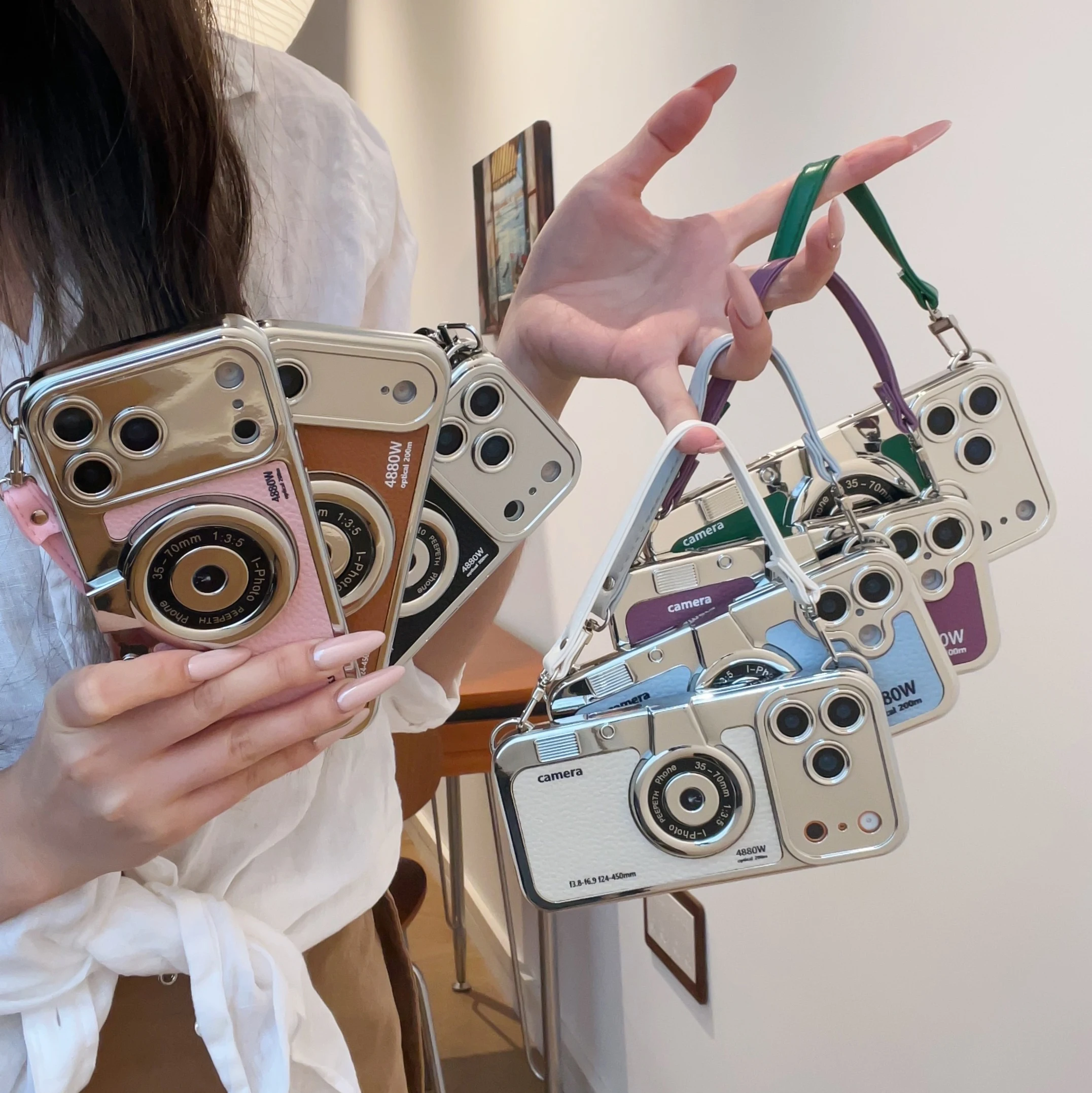 Luxury Retro Stereo Camera Hand Lanyard Phone Case with Leather Pattern