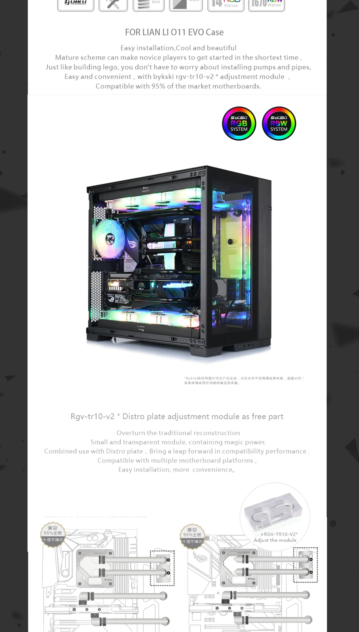 Bykski Distro Plate Kit For Lian Li O11 EVO Case, 5V A-RGB Complete Loop For Single GPU PC Building, Water Cooling Waterway Board, RGV-LAN-O11-EVO-P  