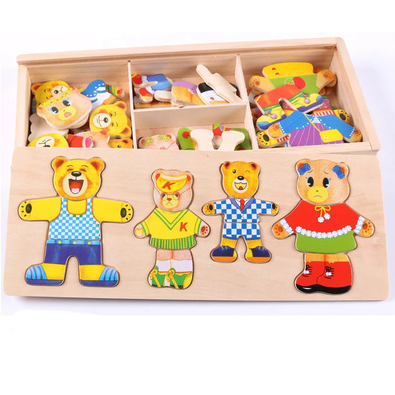 

Little Bear Changing Clothes Wooden Puzzles Jigsaw Toys Baby Montessori Educational Toy Set For Children Girls Gifts