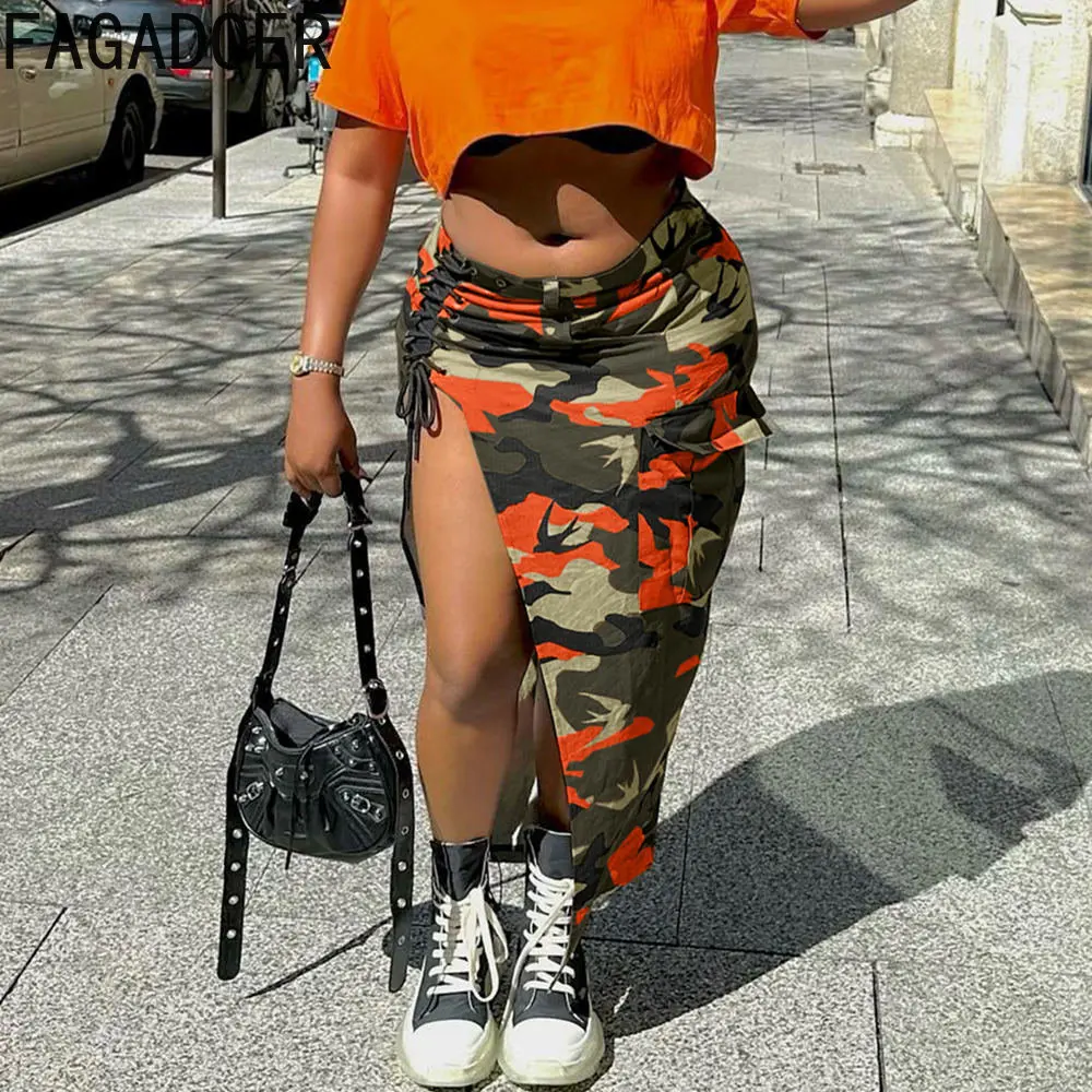 FAGADOER Fashion Camouflage Print Cargo Skirts Women High Waisted Side Bandage High Silt Midi Skirt Casual Female Bottoms 2023