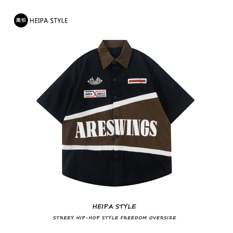 Cotton Shirt American retro embroidery heavy locomotive short sleeved shirt men's summer fashion