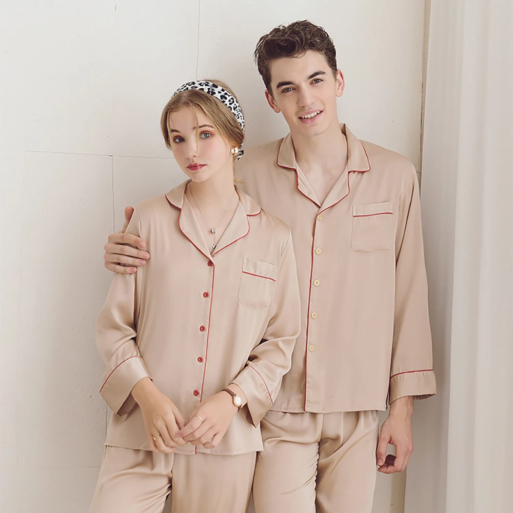 Ice Silk Thin Couple Sleepwear Spring Autumn Long Sleeve Women's Pajamas Male 3XL Pajama Pants Casual Soft Satin pijama hombre
