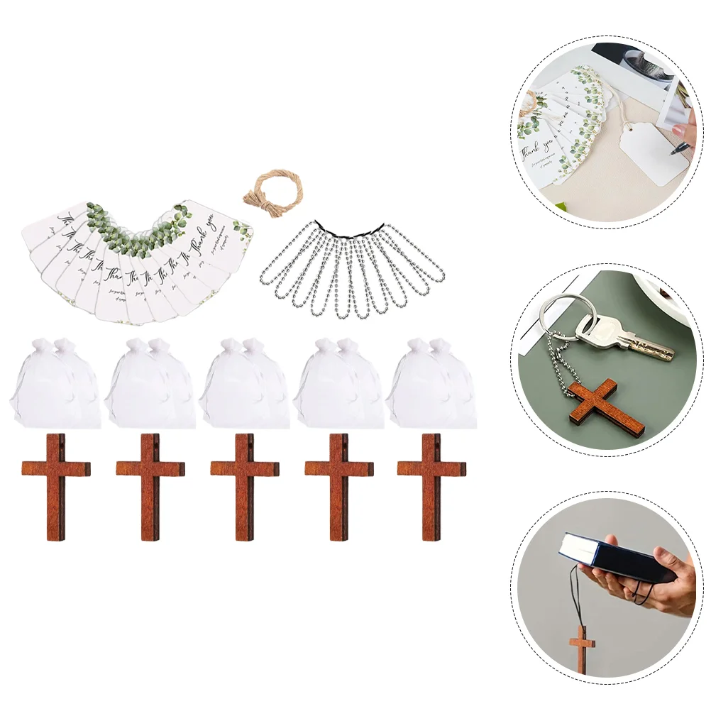 

50 Sets Cross Pendants Wooden Cross Charms Hanging Paper Tags Chains