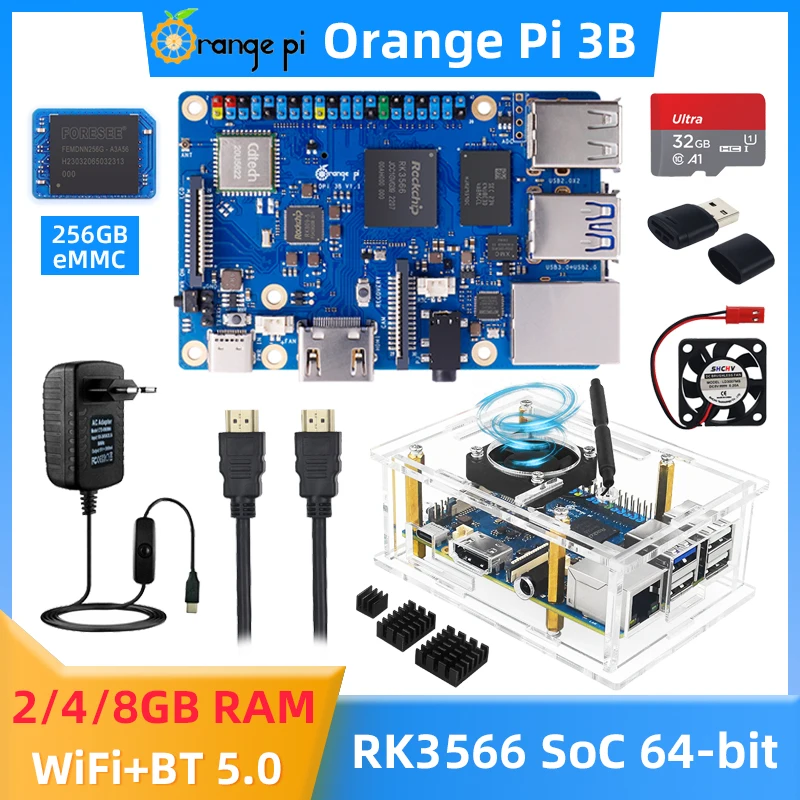 Laranja pi 3b com Emmc Case Ventilador Dissipador de Alimentação Cartão sd para Opi 3b Rk3566 64 Bits gb gb gb de Ram 256g Opcional