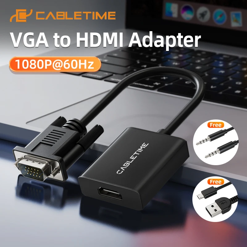 CABLETIME VGA to HDMI Adapter 1080P@60Hz HD Aluminum PVC Jacket for Laptop HDTV BOX Monitor