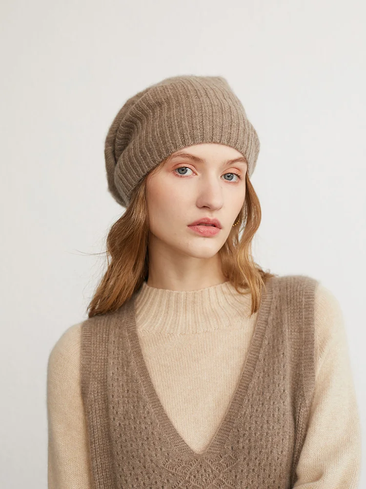 Women Casual Solid Hemming 100%Cashmere Knit Hat BA1068 main image 1