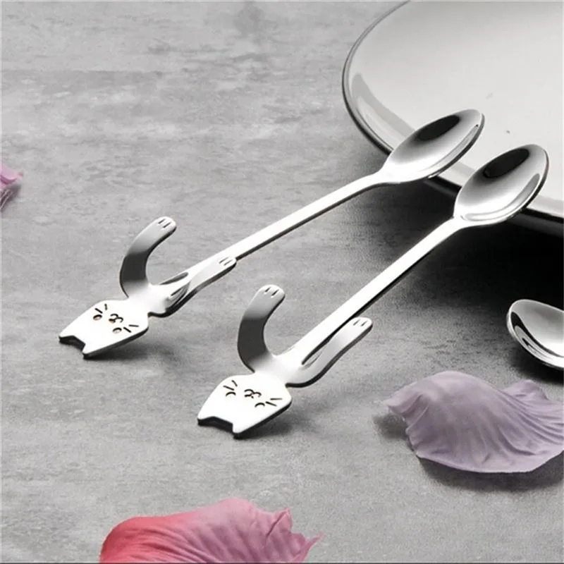 Description Picture 4 of item1pc  Stainless Steel Spoon Fork Portable Tableware Cute Cat Paw Shaped Dinnerware Adults Kids Coffee Tea Stirring