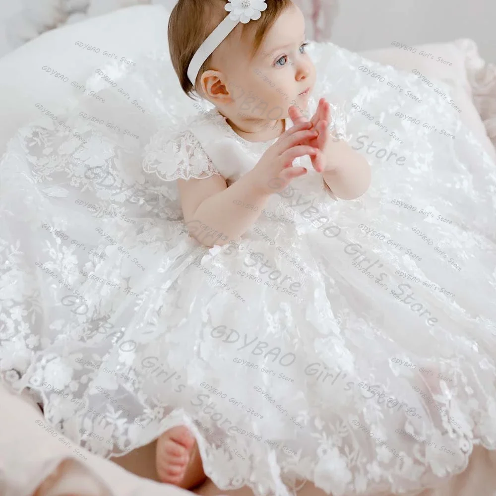 Baby Girls Baptism Dress Ivory Lace Newborns Christening Gown With Beaded Sashes Cap Sleeve Party Flower Girl Dress
