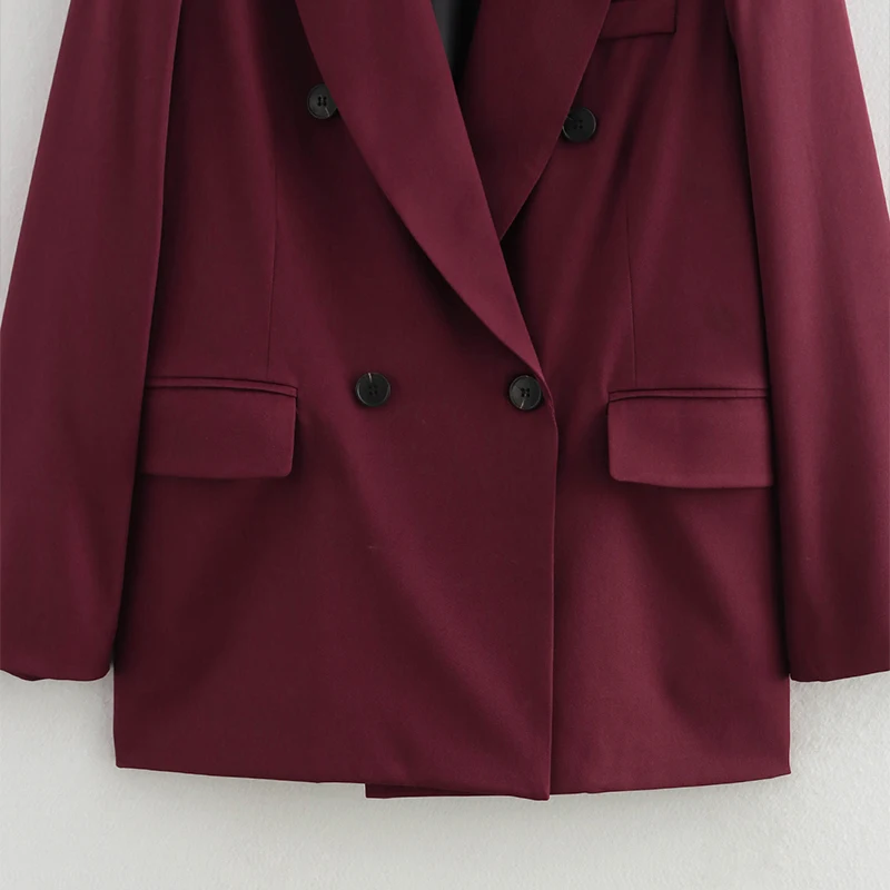 Fashion Burgundy Lapel Blazer Coat Women Elegant Double Breasted Full Sleeve Pocket Jacket Fall New Female Commute Outwear