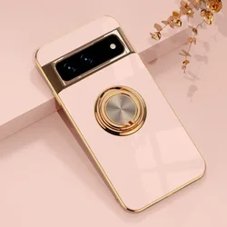 Luxury Plating Silicone Shockproof Phone Case with Metal Ring Magnetic Holder Stand for Pixel 8 Pro (Pink)