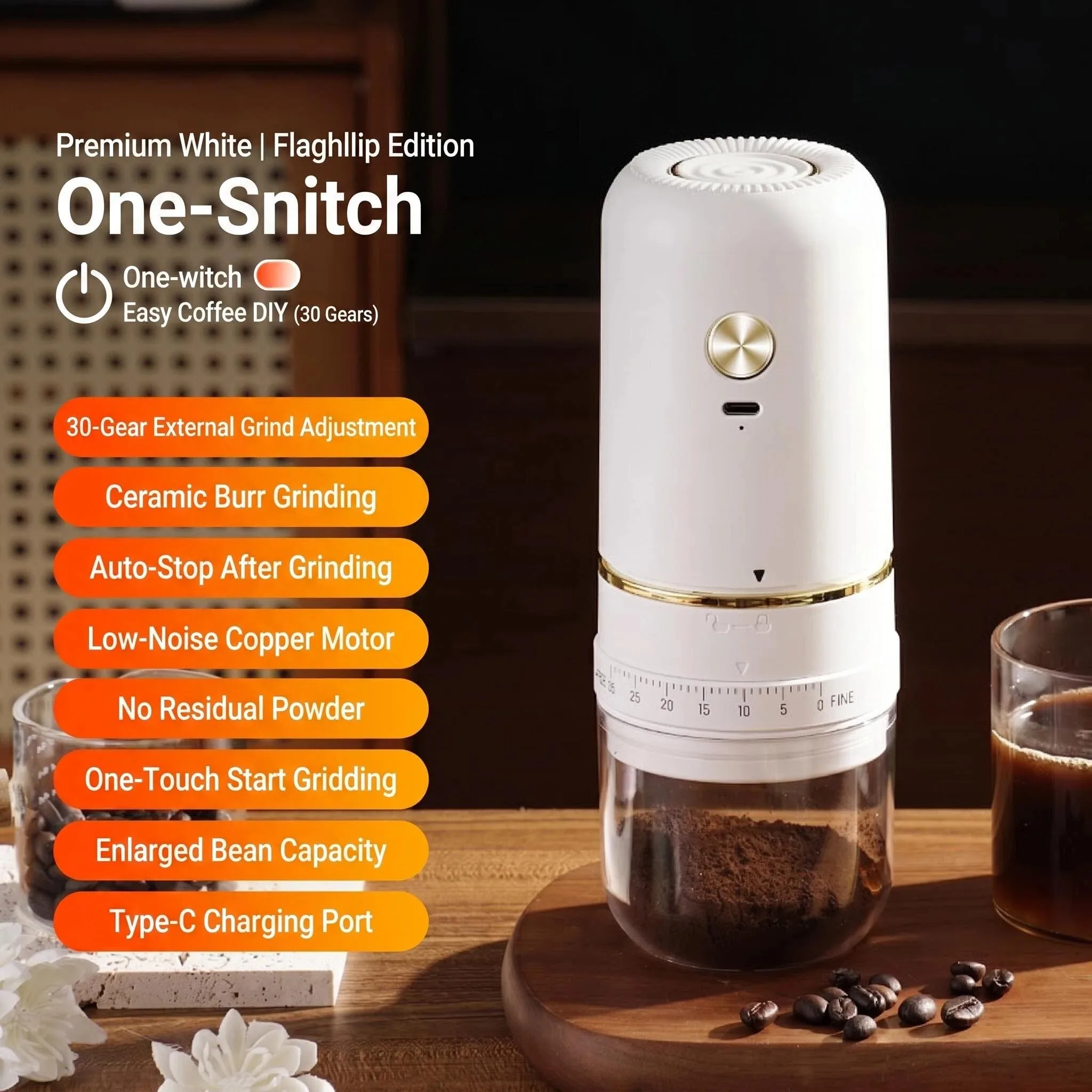 Compact Rechargeable Electric Coffee Grinder with Adjustable Grind Settings for Espresso & Pour Over Coffee