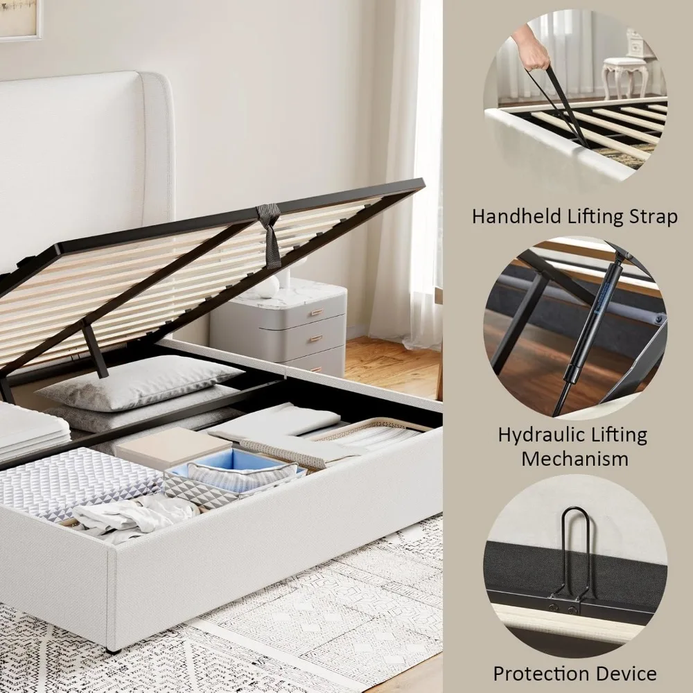 Queen Size Bed Frame Lift Up Storage Beds Linen Beds Frames with Hydraulic Storage/Wingback Headboard, Queen Bed Frame 5