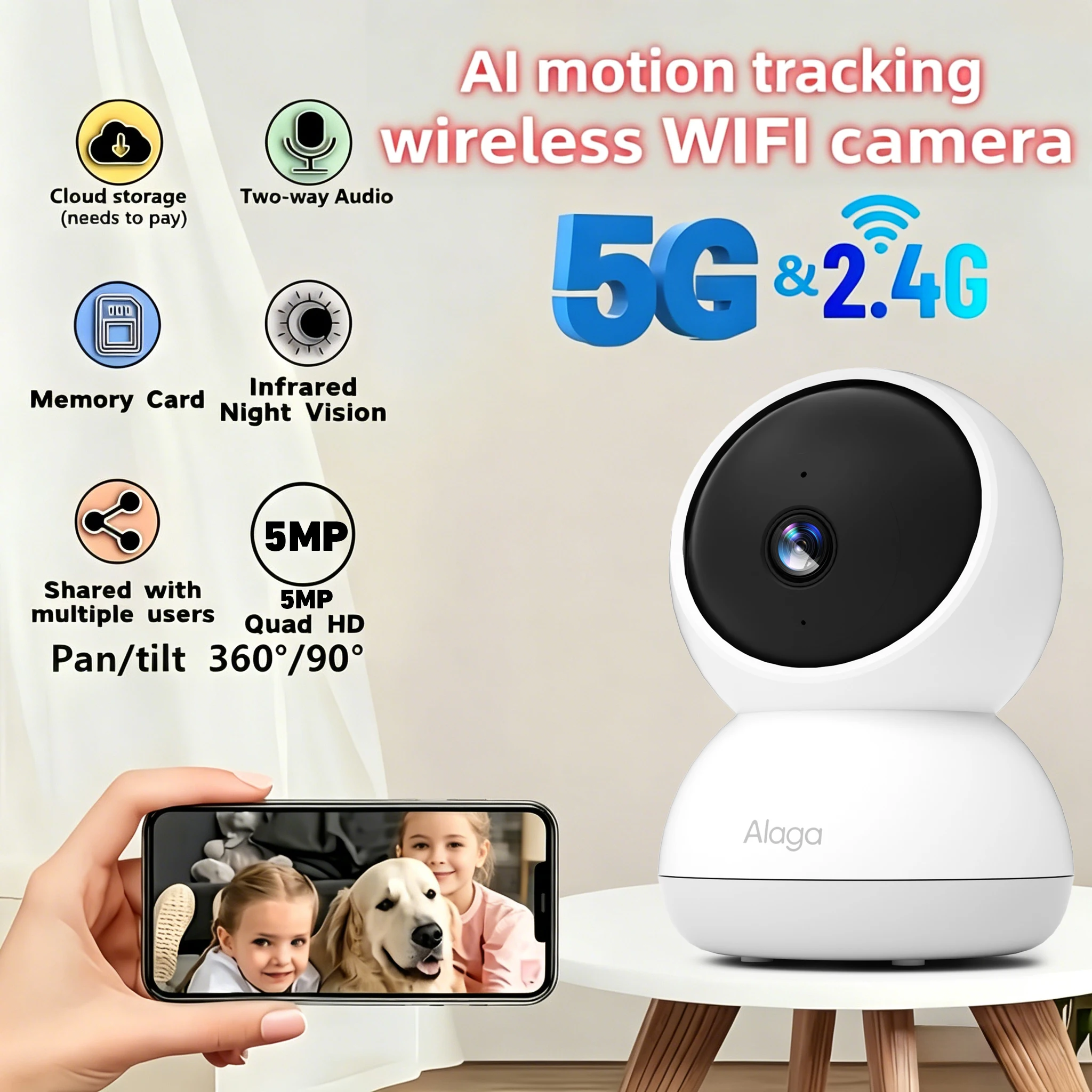 3K Pet Dog Camera with Phone App, 5G/2.4G WiFi Indoor Security Baby Camera,AI Detection 360° Pan&Tilt, 2-Way Audio, Night Vision 1