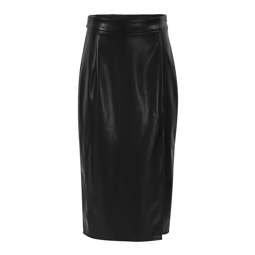 Slit PU Leather Mid-length Skirt Women's Autumn and Winter Sexy Black High  Waist Ladies Office Pencil A-line Skirt
