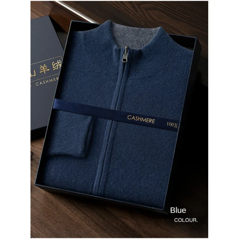 Men's Cashmere Cardigan Double Thick Autumn and Winter New Pure Cashmere Half Turtleneck Zipper Coat Sweater