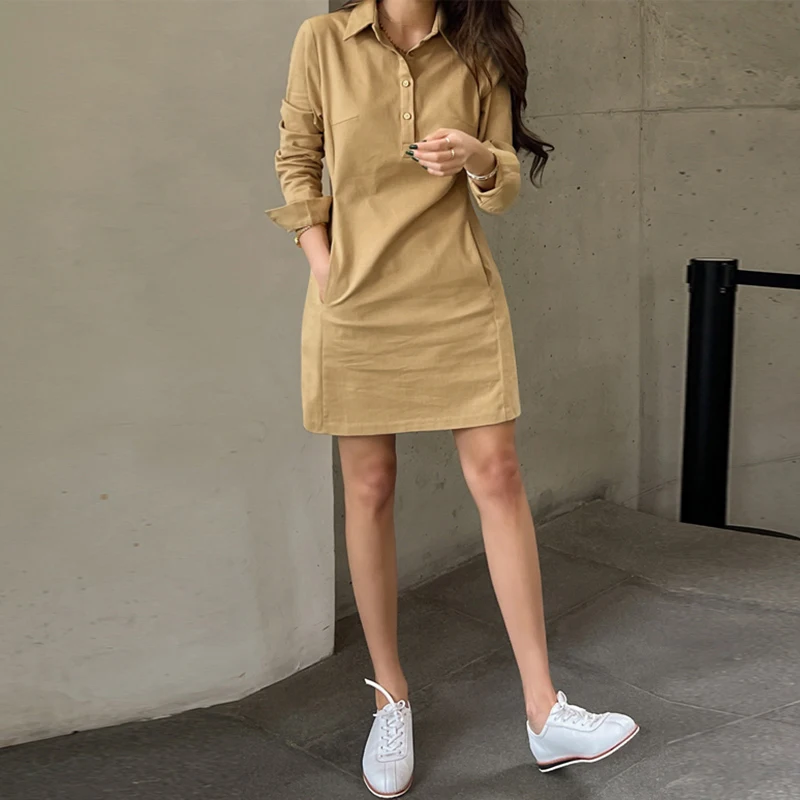 2024VONDA Frauen Sommer Kleid Elegante Lange Ärmel Einfarbig Hemd Sommerkleid Beiläufige Lose Tasten Taschen Kurze Mini Vestidos – Detail 9