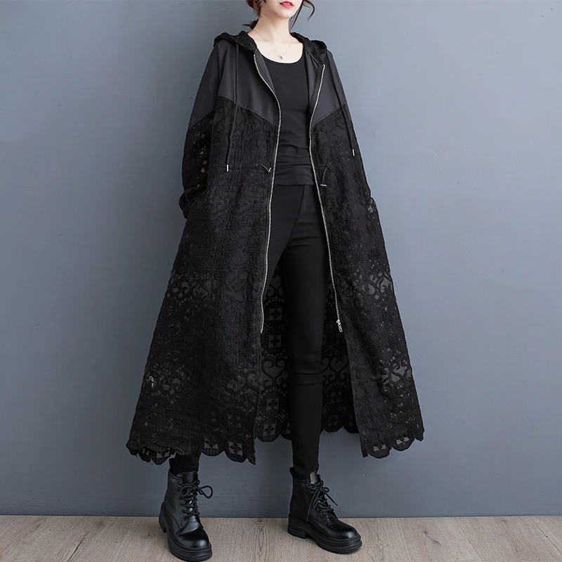 

#6898 Black Hooded Trench Coat Women Zipper Loose Split Joint Hollow Out Long Coat Ladies Vintage Outerwear Windbreaker Female