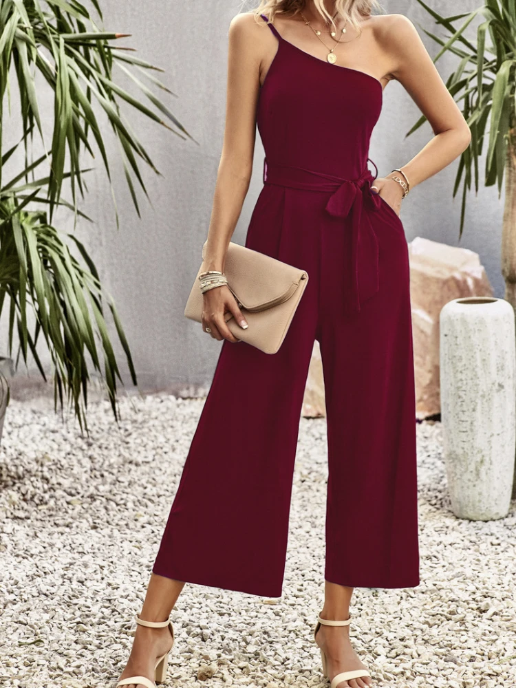 

Jump Suits for Women 2023 Spring/Summer Temperament Commuting Solid Color Straight Pants Sexy Off Shoulder Lace Up Jumpsuit
