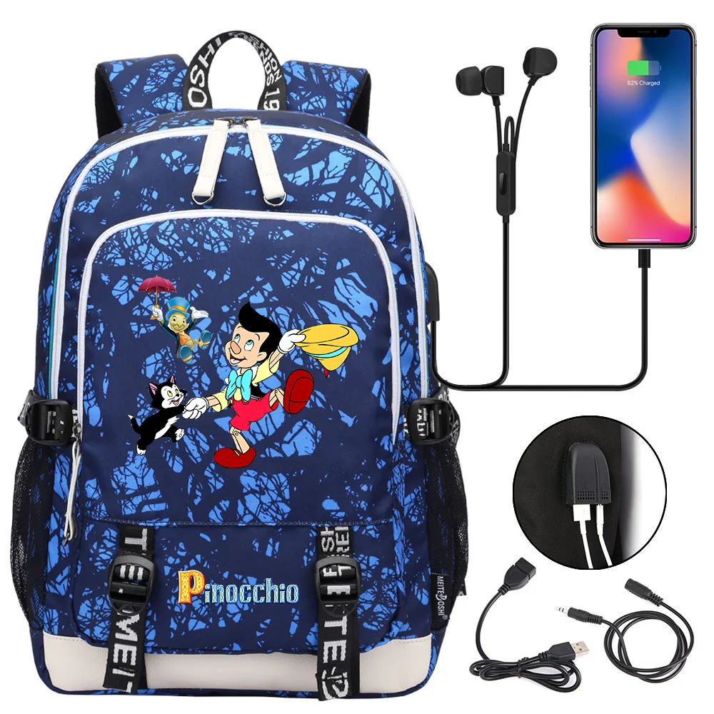 

Hot Disney Pinocchio School Bags For Teenager USB Charging Laptop Backpack Boys Girls Student Book Bag Mochila Travel Bag