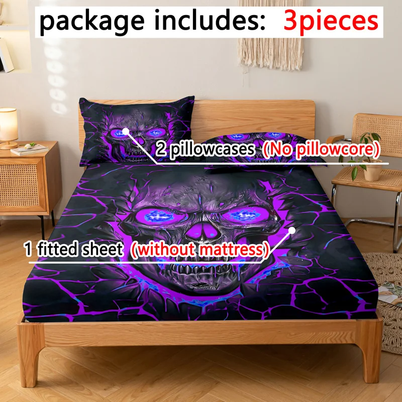 Purple Light Skull Pattern Fitted Sheet Set Soft And Comfortable Bedding Cover Set For Bedroom Guest Room And Dorm Decor 5