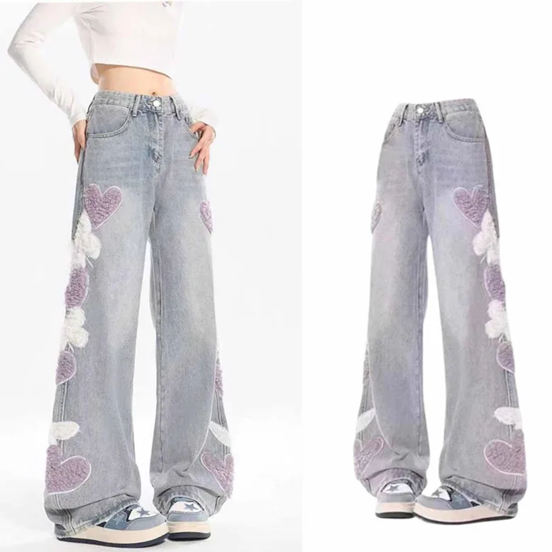 

Y2k American Style Vintage Vaqueros High Waist Slim Spring Autumn Embroidery Design Sense Pants Women Wide Leg Chic Jean Femme