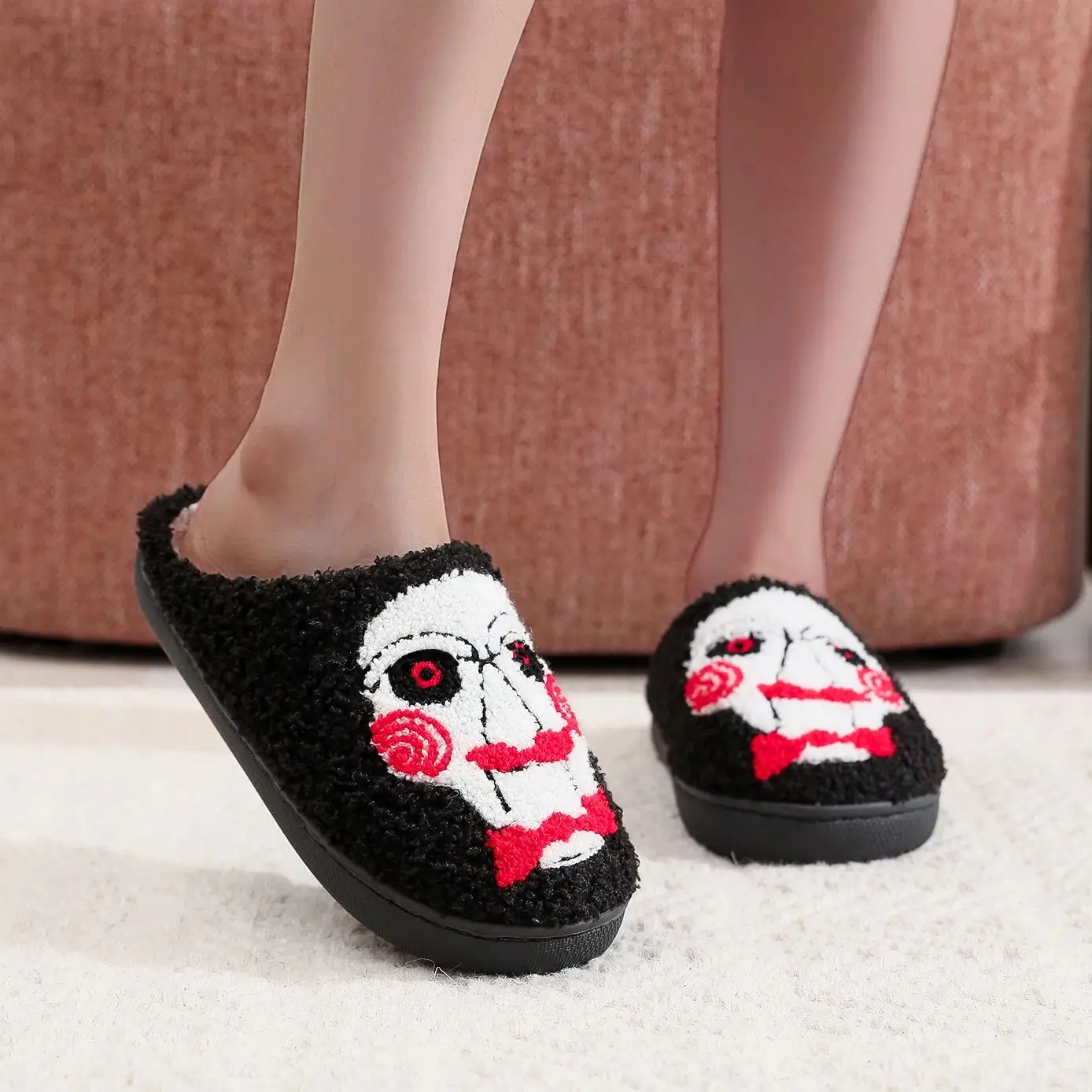 Horror Movie Chainsaw Horror Skull Pattern fashion Embroidery stuffed Home Thick Sole plaid Furry Cotton Slippers Personality Warm Non-Slip Indoor Slippers Men Women Can Wear Halloween Christmas Gift 3