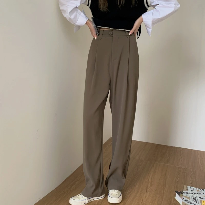 New High Waist Suit Pants Ladies Korean Elegant Style Autumn Winter Drape Straight Trousers Women's Pocket Button Wide Leg Pants white capri pants