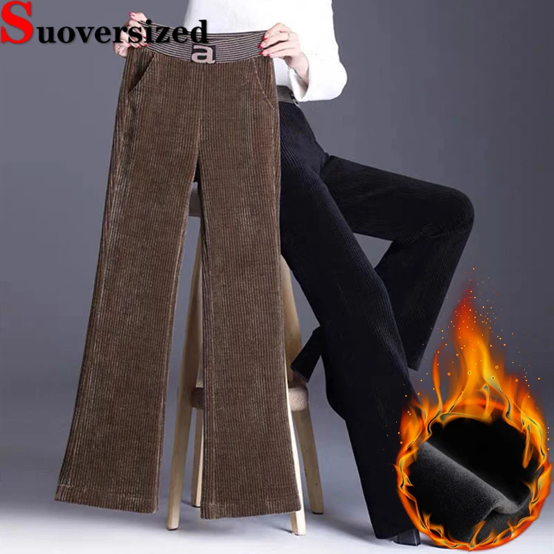 

Baggy Plush Lined Wide Leg Pants Winter Corduroy Straight Trousers Thicken Warm Women Pantalones Elastic High Waist Spodnie