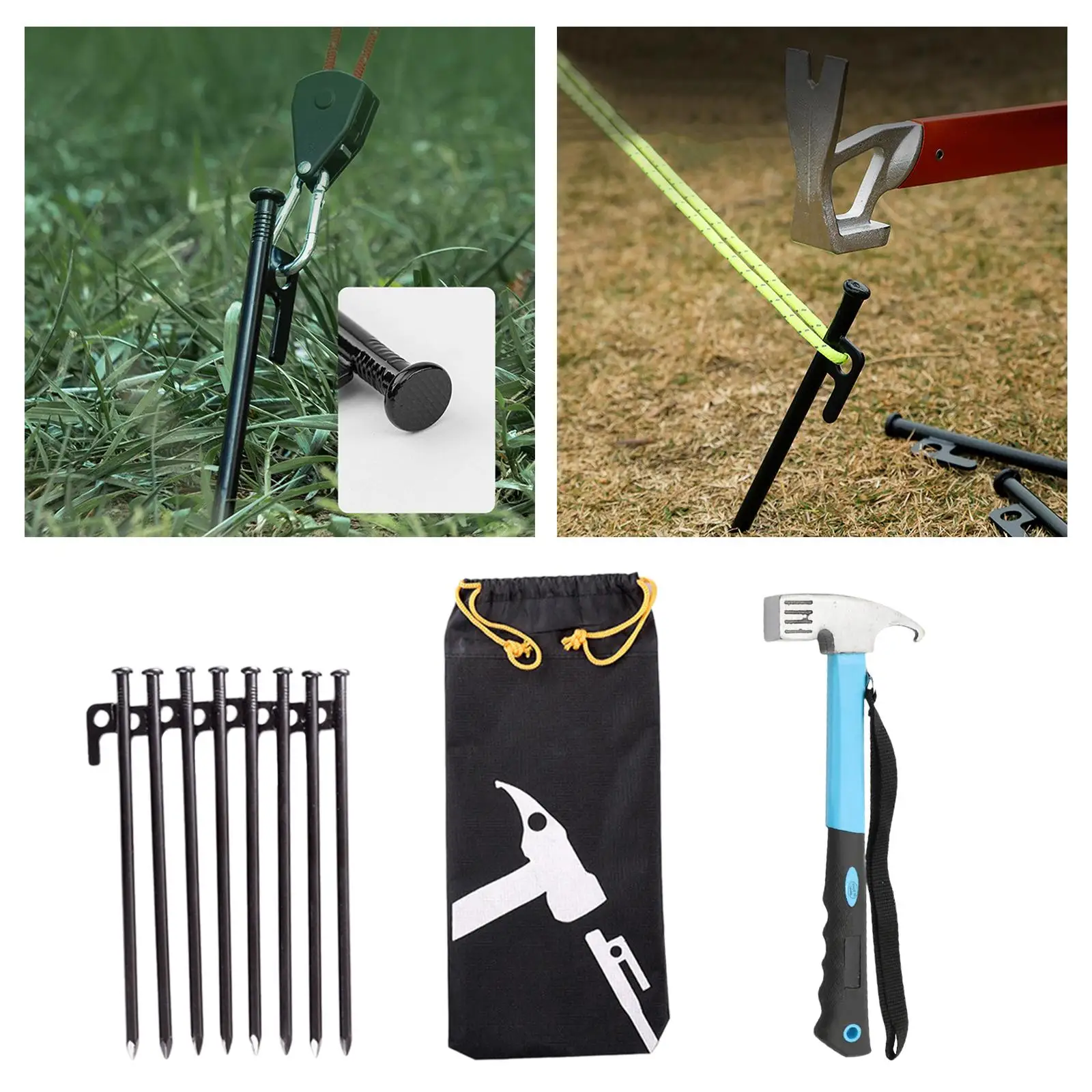 8x Tent Stakes and Hammer Set Tent Pegs for Gardening Outdoor Backpacking