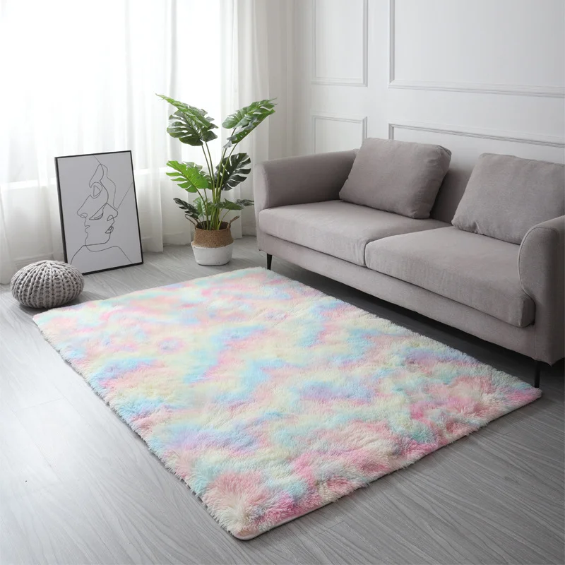 Silk Plush Carpet Tie Dye Gradient Living Room Coffee Table Mat Bedroom Bedside Solid Color