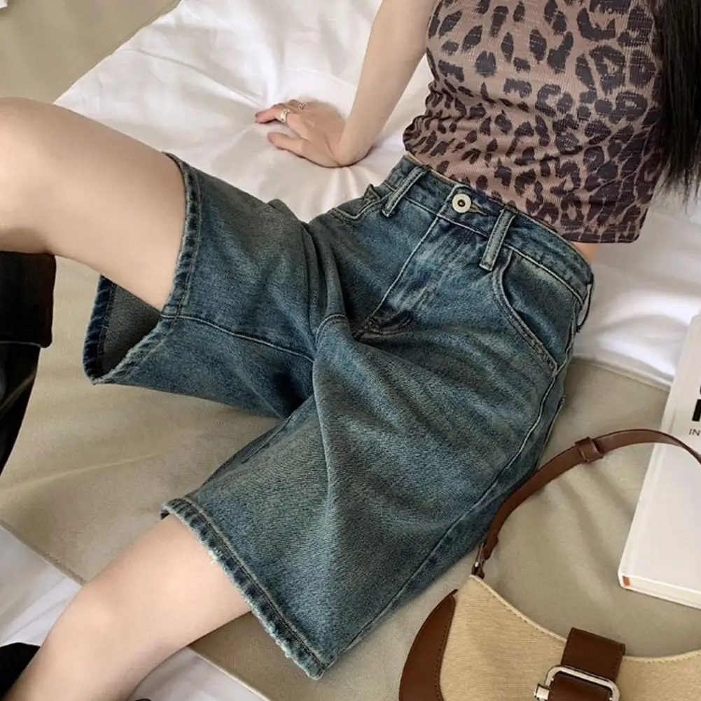 여성용 데님 하의 데님 청바지, 빈티지 하이웨이스트 데님 반바지, 와이드 레그 스트릿웨어 청바지, 단추 클로저 지퍼 무릎