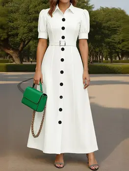ZANZEA Elegant Party Long Dress With Belt 2025 Summer Women Solid Short Sleeve Maxi Vestidos Fashion Wedding Lapel Shirt Robe 1