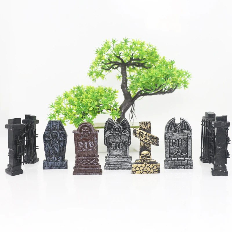 4pcs 미니 RIP 묘비 두개골 DIY 묘지 관 묘지 미니어처 할로윈 장식 요정 정원 장식품 액세서리