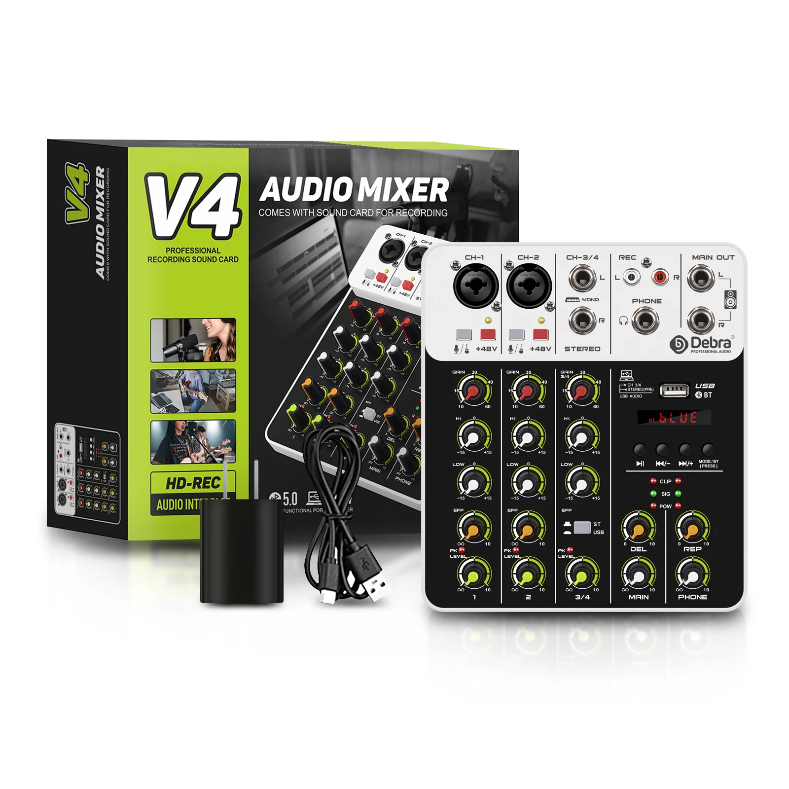 Debra V4 4 チャンネルオーディオミキサー Bluetooth USB 48V