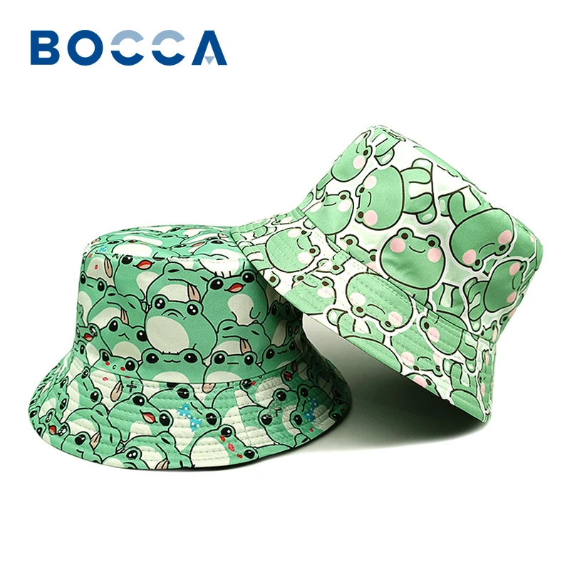 Bocca Cartoon Frog Bucket Sun Hat Cute Printing Pattern Fisherman Hats Green Double Sides Panama Cap Adult Unisex Summer Outdoor sun hats sun hat fisherman hat bucket hats sunscreen hats
